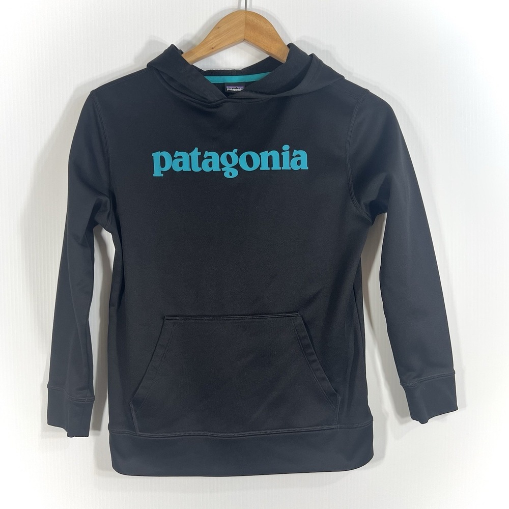 Patagonia Boys' Graphic PolyCycle Hoody Size Large 12 Black Teal Logo *READ*